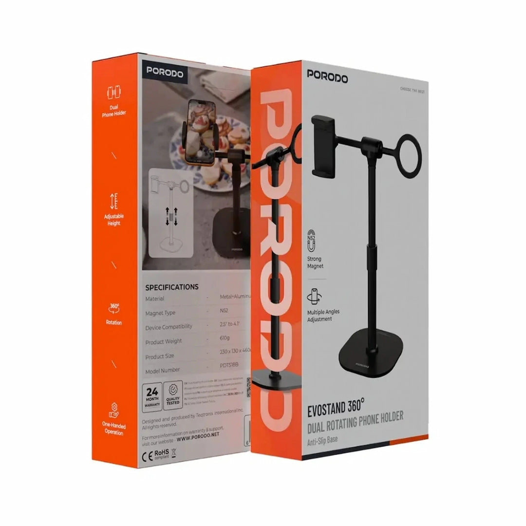 Porodo EvoStand 360° Dual Rotating Phone Holder With Metal Stand