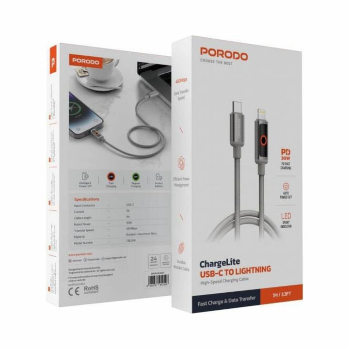 Porodo Transparent+ Aluminum Alloy Lightning Female to Type-C Male - Grey