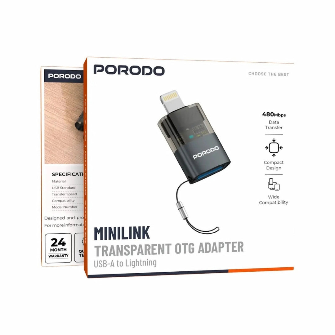 Porodo Transparent+ Aluminum Alloy USB A Female to Lightning Male - Grey
