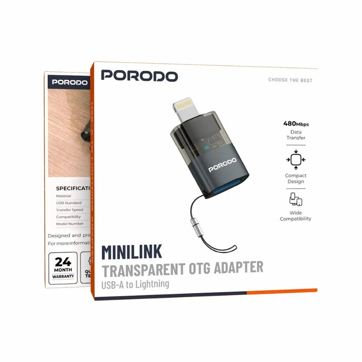 Porodo Transparent+ Aluminum Alloy USB A Female to Lightning Male - Grey